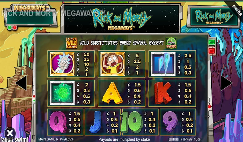 The paytable of the Rick and Morty megaways slot.